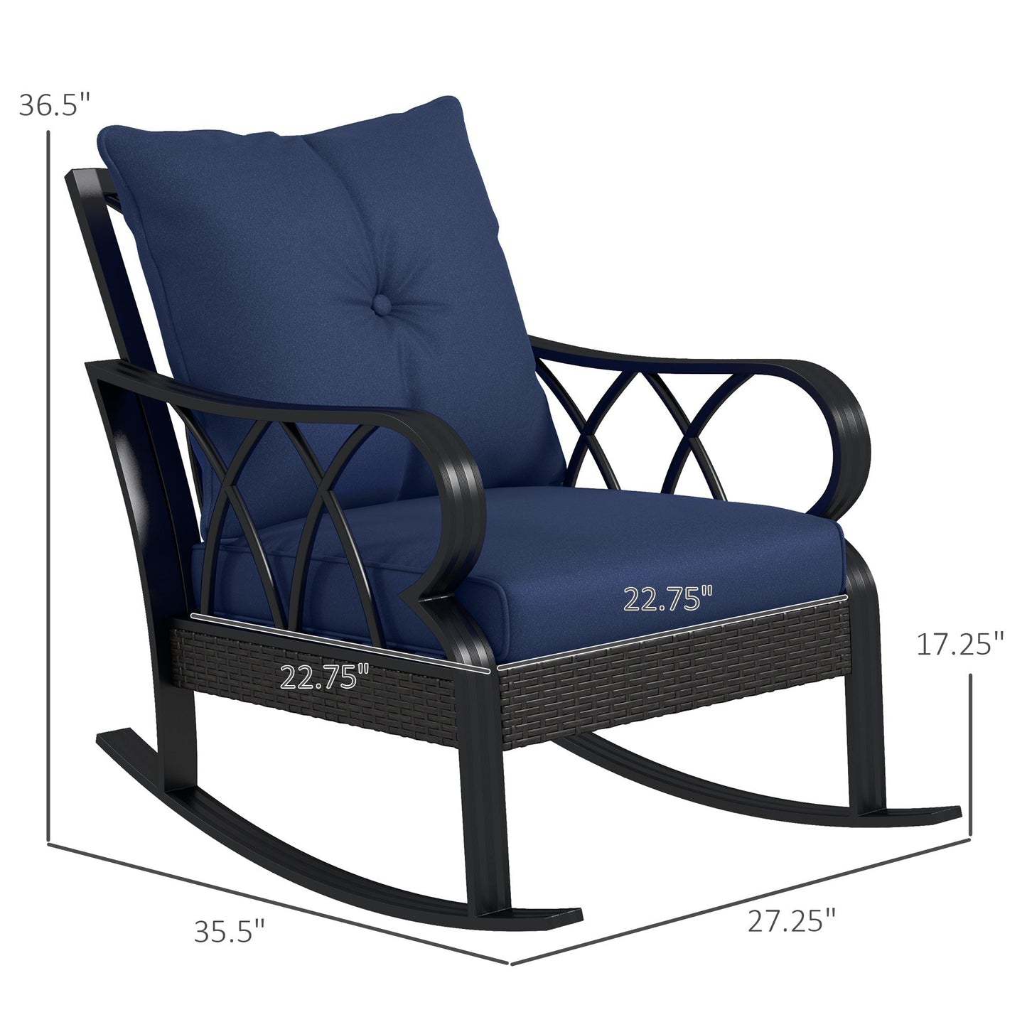 Outsunny 2 Pc Patio Wicker Rocking Chairs with Removable Cushions, Outdoor Rattan Rockers, Blue - 867-048V01DB