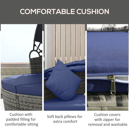Outsunny Round Outdoor Daybed with Canopy, 4-Piece Sectional Outdoor Sofa, 3 Chairs, Tea Table, Dark Blue - 862-047V00DB