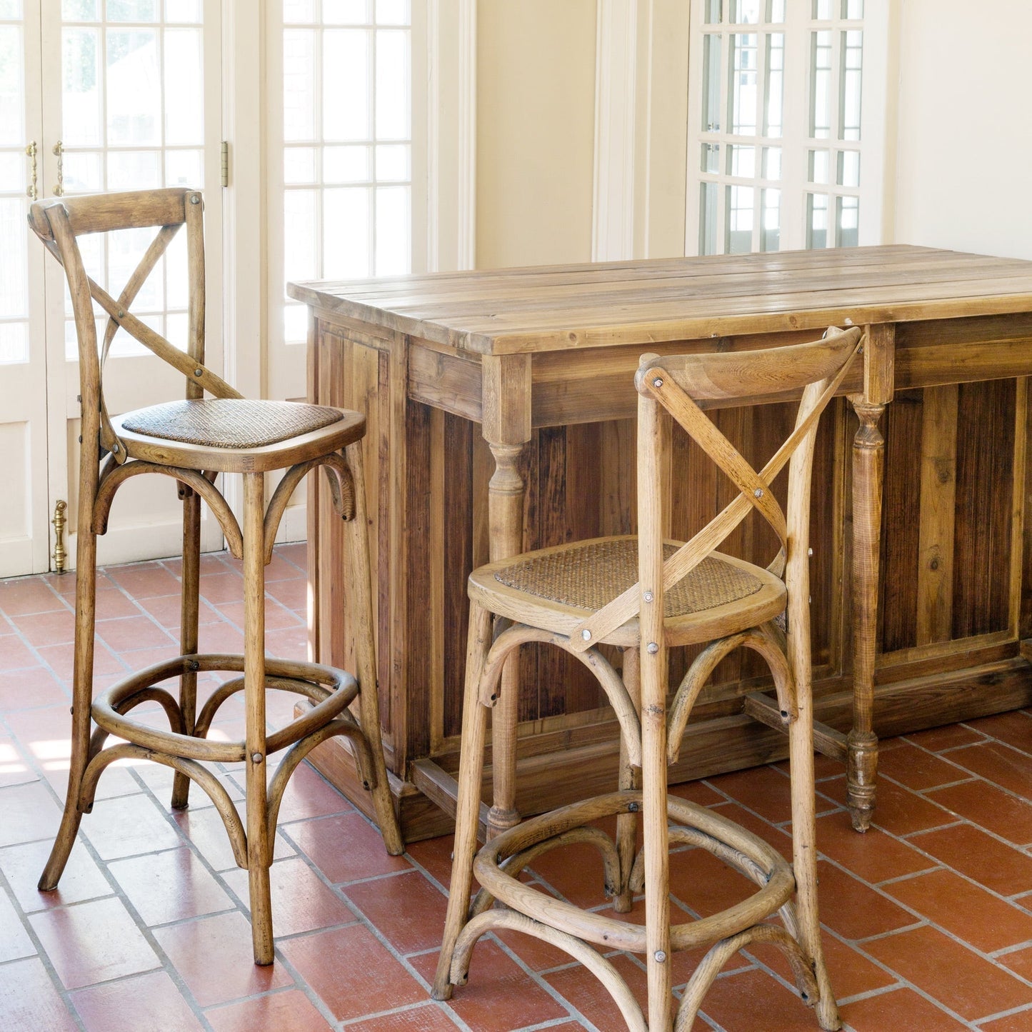 Park Hill Collection Wooden Cross Back Counter Stool - Rustic Aged Finish, Cane Woven Seat, Perfect for Farmhouse Decor - EFS81570